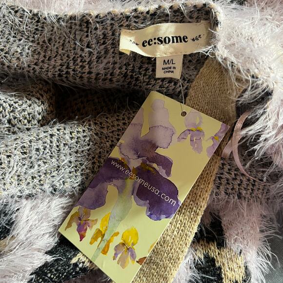 Ee:Some Wrap Sweater Womens Medium Large Purple Animal Print Knit Hairy NEW - Picture 5 of 8